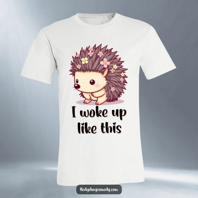 Funny t-shirt with a hedgehog whose quills are decorated with small, charming flowers, a beautiful nature-themed design.