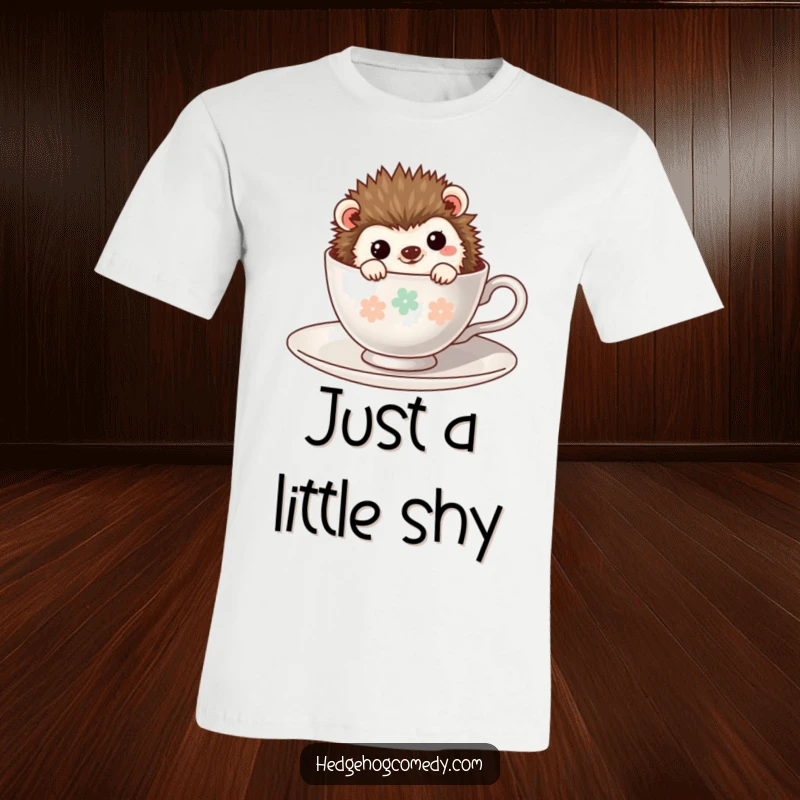 Funny Kawaii Hedgehog T-Shirt: A cute hedgehog peeking shyly from a teacup, showcasing a playful and endearing moment.