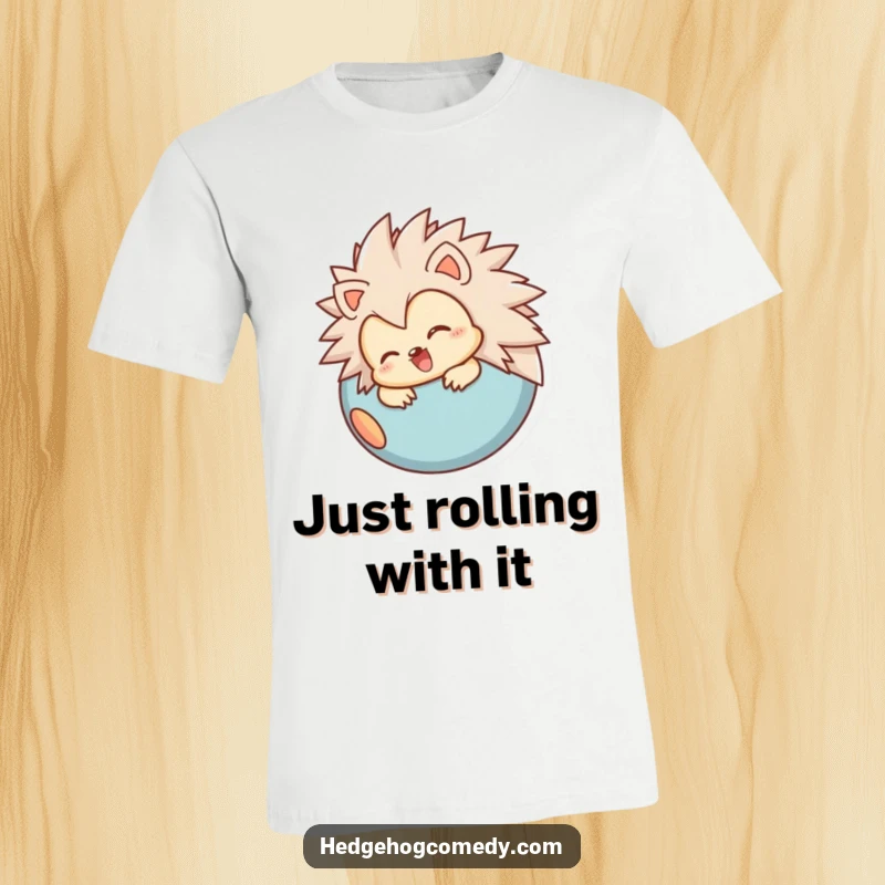 Funny t-shirt featuring a joyful hedgehog character rolling into a ball, ideal for cozy lovers and a charming funny gift.