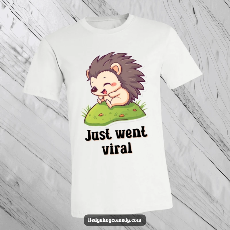 Funny T-Shirt: A delighted hedgehog gleefully rolls down a grassy slope, radiating pure happiness. Ideal for sharing a laugh.