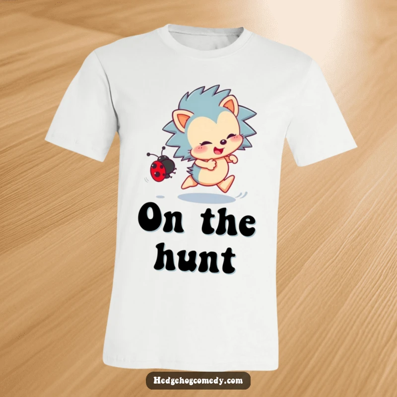 Funny Hedgehog T-Shirt: An energetic hedgehog enthusiastically chasing a ladybug, embodying playful determination.
