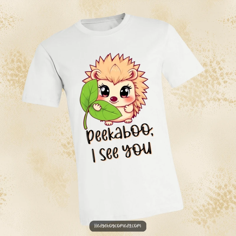 Funny t-shirt design of a hedgehog with large, expressive eyes peeking cautiously from behind a leafy covering, full of humorous intrigue.