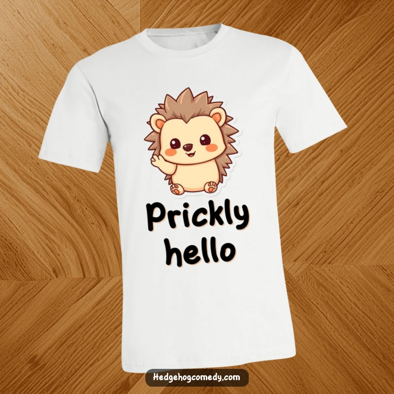 Funny Kawaii Hedgehog T-Shirt, giving a gentle wave, perfect for expressing friendly greetings and humorous welcomes.