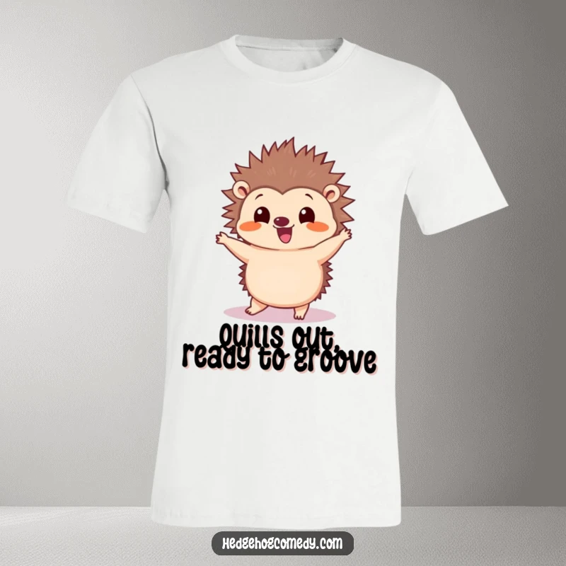 Funny Kawaii Hedgehog T-Shirt: A happy hedgehog wiggles its quills while performing a hilarious silly dance.