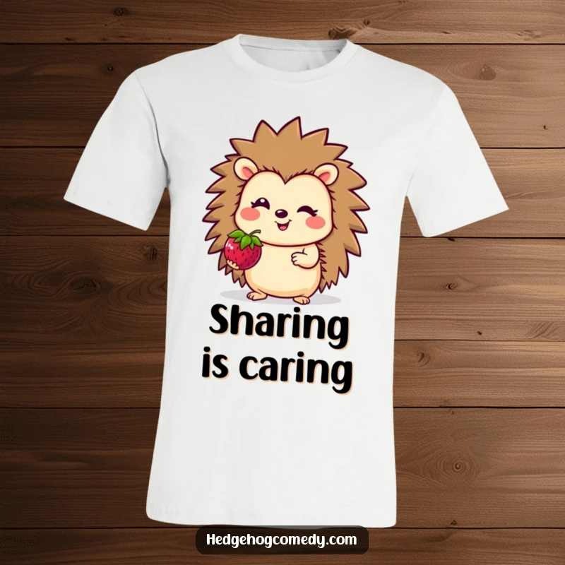 Funny T-Shirt featuring a smiling hedgehog character extending a bright berry, symbolizing kindness and happiness.