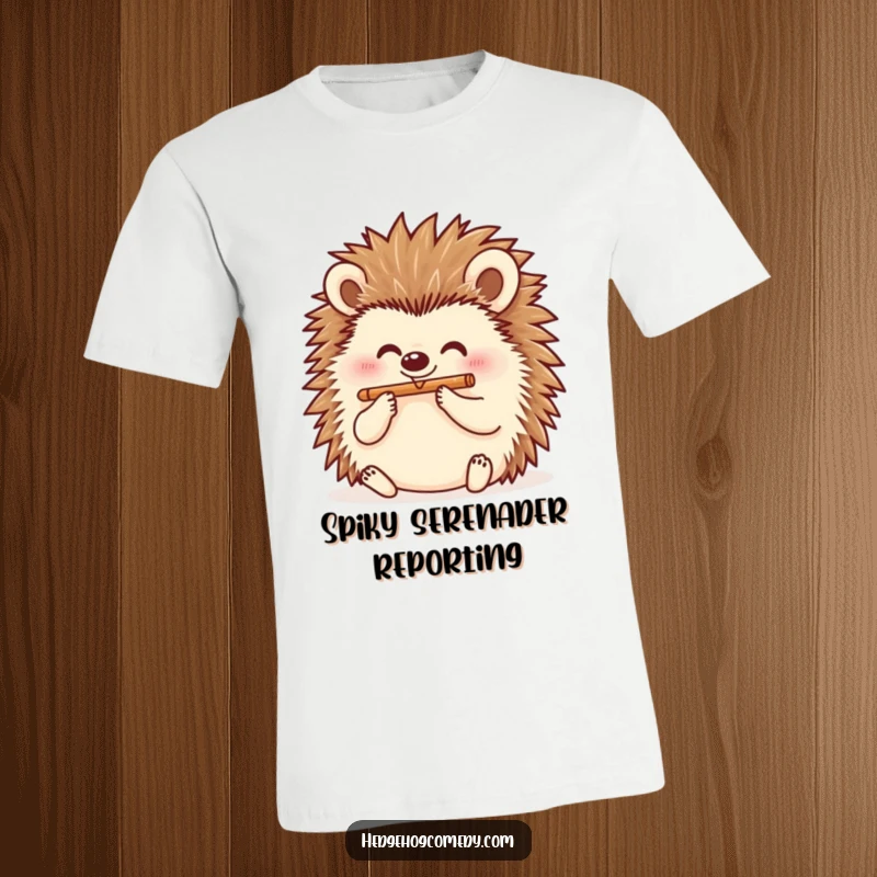 Funny hedgehog playing a tiny flute cheerfully on a t-shirt, perfect for music lovers and as a funny gift.