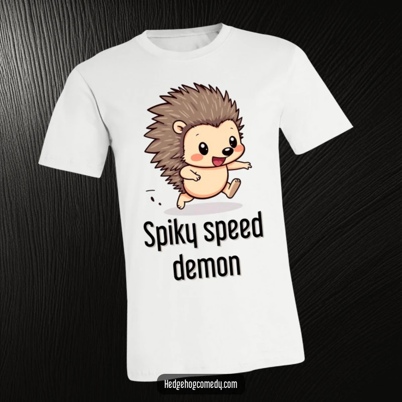 Funny Hedgehog Racing T-Shirt: Adorable hedgehog with determined eyes and legs a blur, conveying focused, happy speed.
