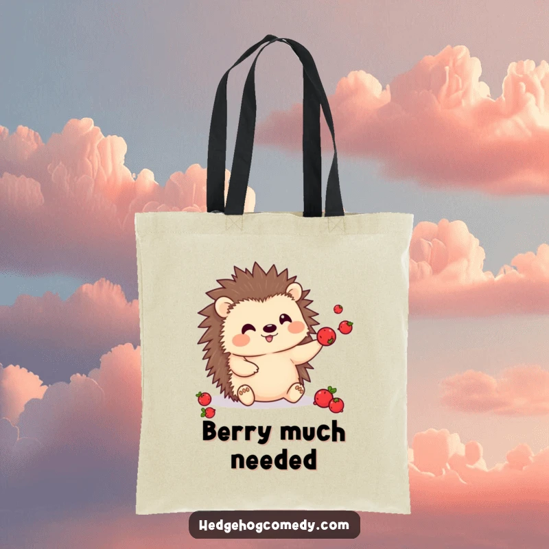 Funny kawaii hedgehog tote bag, juggling berries, a cute and skilled character ready for any task.