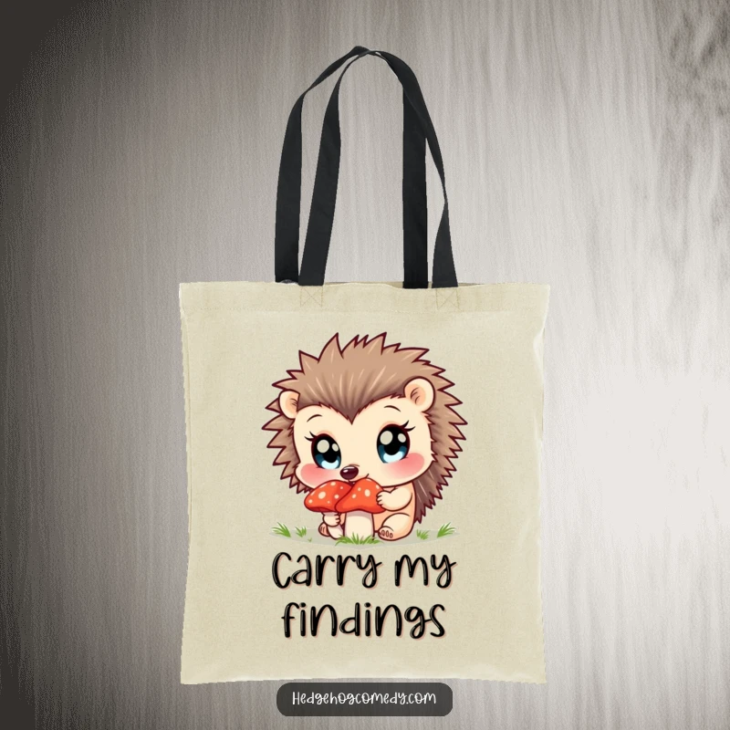 Funny tote bag with a curious hedgehog sniffing a mushroom, wide eyes engaged.
