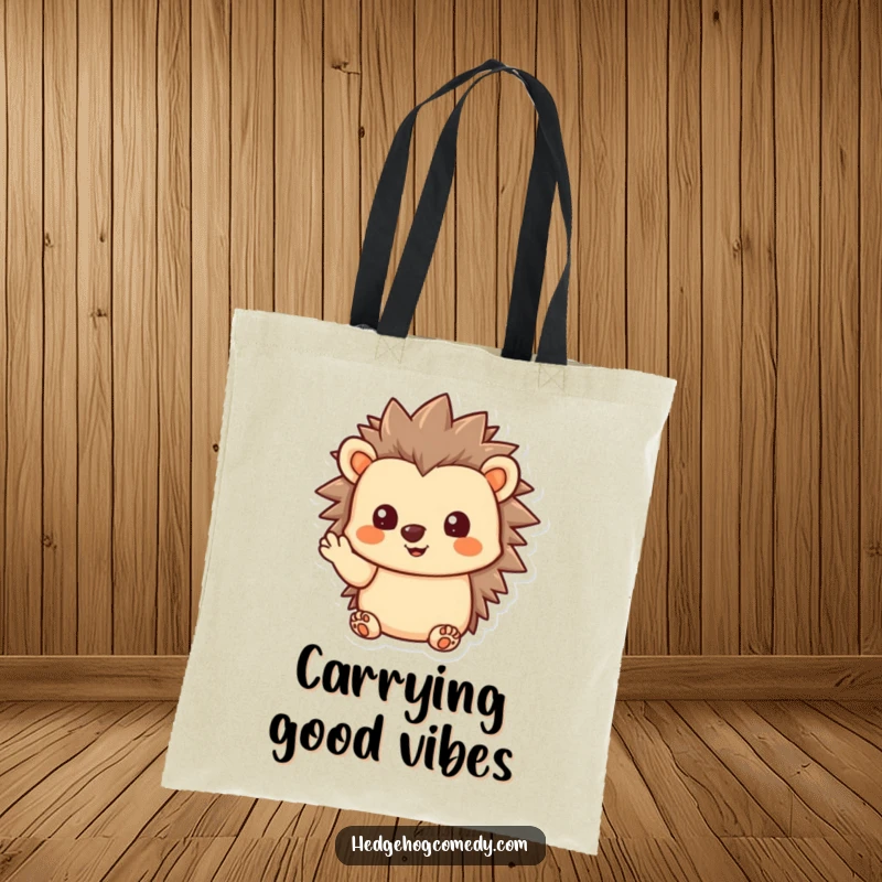 Funny Kawaii Hedgehog Tote Bag, giving a gentle wave, perfect for carrying items with friendly, humorous, and welcoming flair.