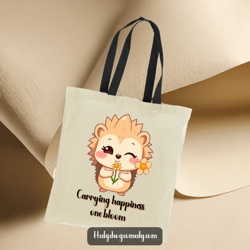 Funny winking hedgehog offering a flower, a stylish tote bag for a funny, sweet gift.