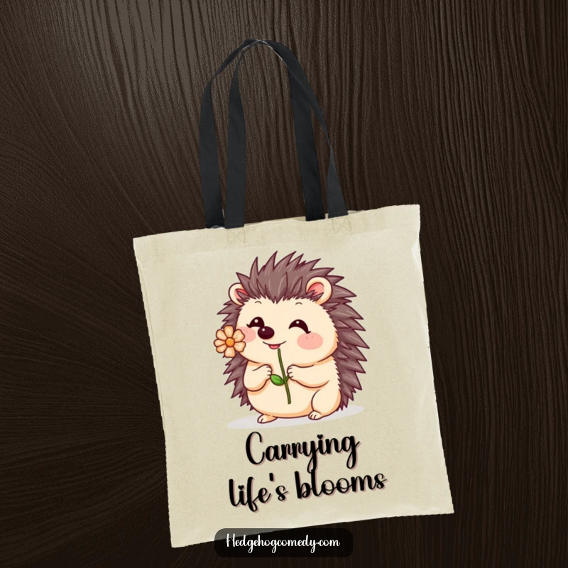 Funny Kawaii Hedgehog Tote Bag: A cute hedgehog wobbles precariously while balancing a flower on its nose, ready for errands.