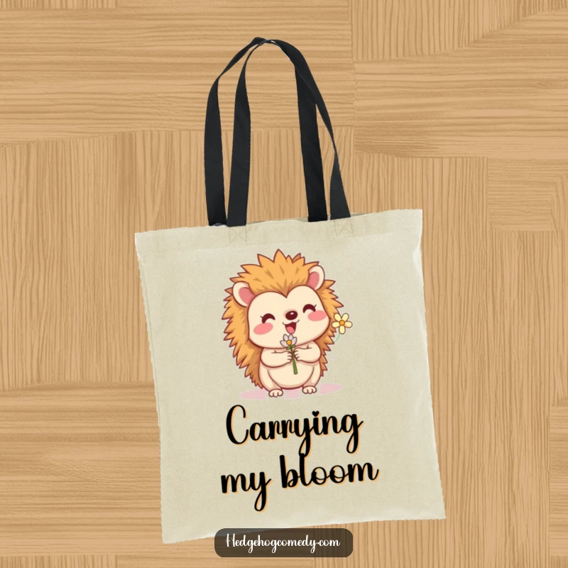 Funny tote bag featuring a cheerful hedgehog character holding a tiny flower. Great for shopping, books, or just spreading smiles.