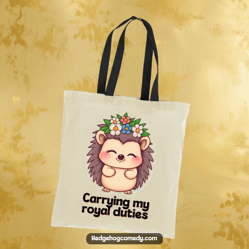 Funny Hedgehog Tote Bag with a cute hedgehog character winking and wearing a small crown adorned with flowers.
