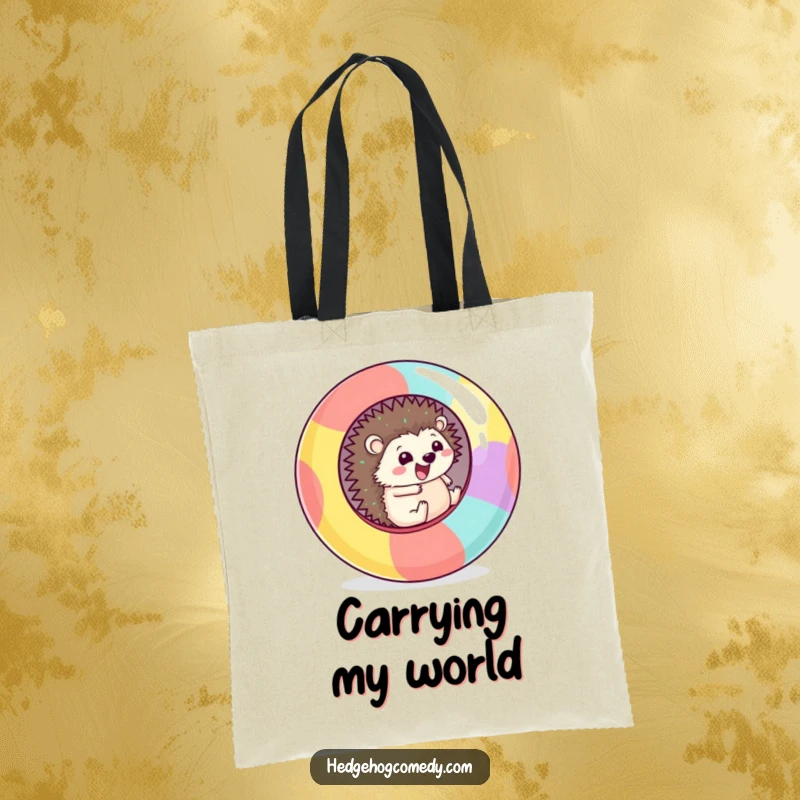 Funny Tote Bag depicting a happy Kawaii hedgehog rolling down a hill inside a giant, colorful sphere.