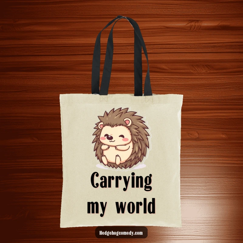 Funny kawaii hedgehog tote bag, rolling into a ball, a cute and shy character ready for adventures.
