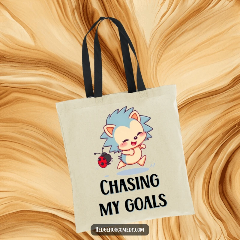 Funny Hedgehog Tote Bag: Energetic hedgehog enthusiastically chasing a ladybug, a cute and humorous carry-all.