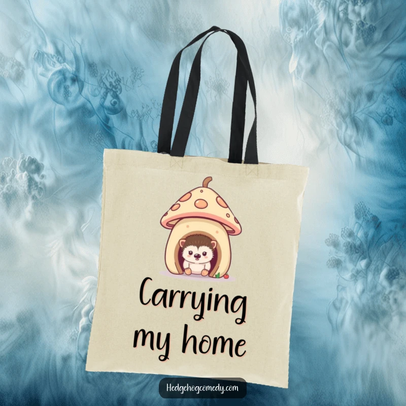 Funny tote bag with a curious hedgehog peeking from its mushroom home, ready to carry your belongings with adorable stealth.