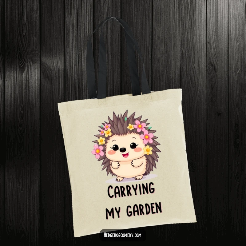 Funny kawaii hedgehog with quills adorned with colorful flowers, ideal funny gift for shoppers.