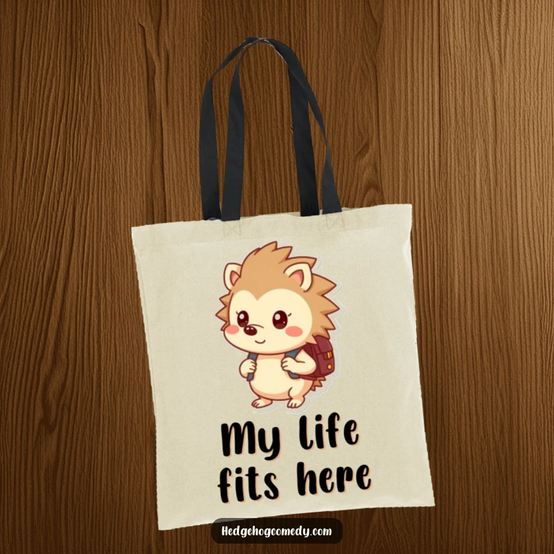 Funny tote bag showing a curious hedgehog with a backpack, perfect for carrying everyday items with a humorous touch.