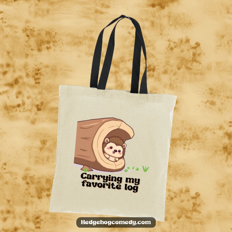 Funny giggling hedgehog peeking from a hollow log, a stylish tote bag for a funny nature gift.