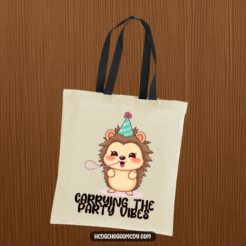 Funny hedgehog in a party hat blowing a streamer, a versatile tote bag for a hilarious gift.