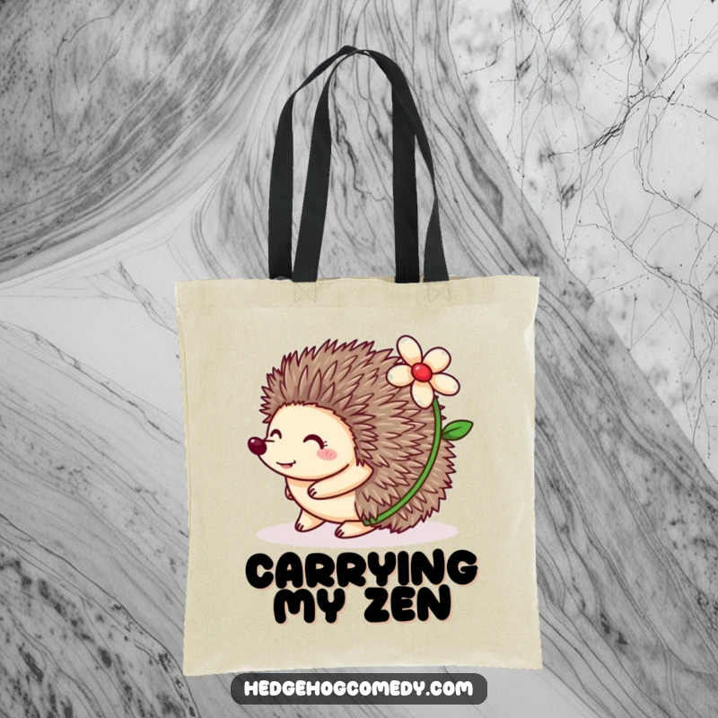 Funny Hedgehog Tote Bag featuring a happy hedgehog rolling with a flower on its back, a stylish and humorous accessory.