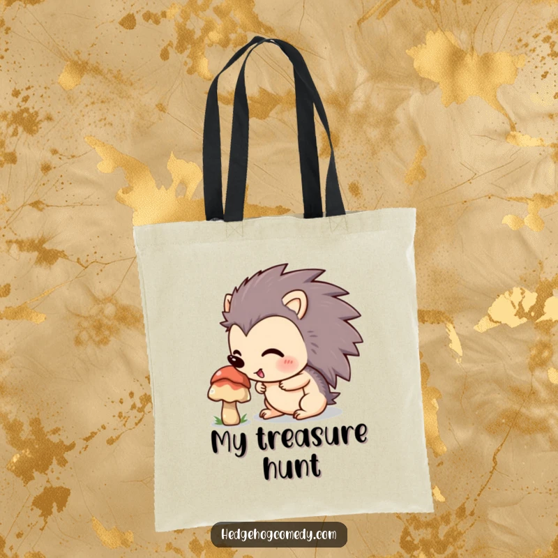 Funny hedgehog excitedly sniffing a mushroom on a reusable tote bag, perfect for carrying nature-inspired treasures.