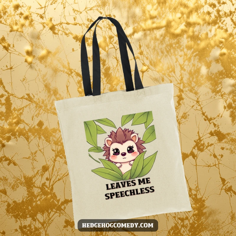 Funny hedgehog peeking from green leaves with a shocked expression on a reusable tote bag, ideal for showing off humor.