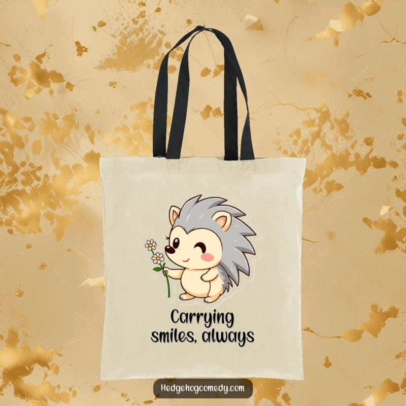 Funny tote bag featuring an adorable hedgehog character smiling, offering a tiny flower. A cute and practical humorous gift.