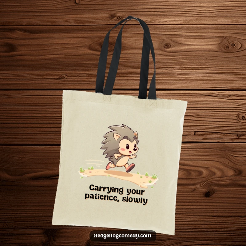 Funny tote bag with an energetic hedgehog character zipping gleefully, ideal for carrying essentials with a smile.