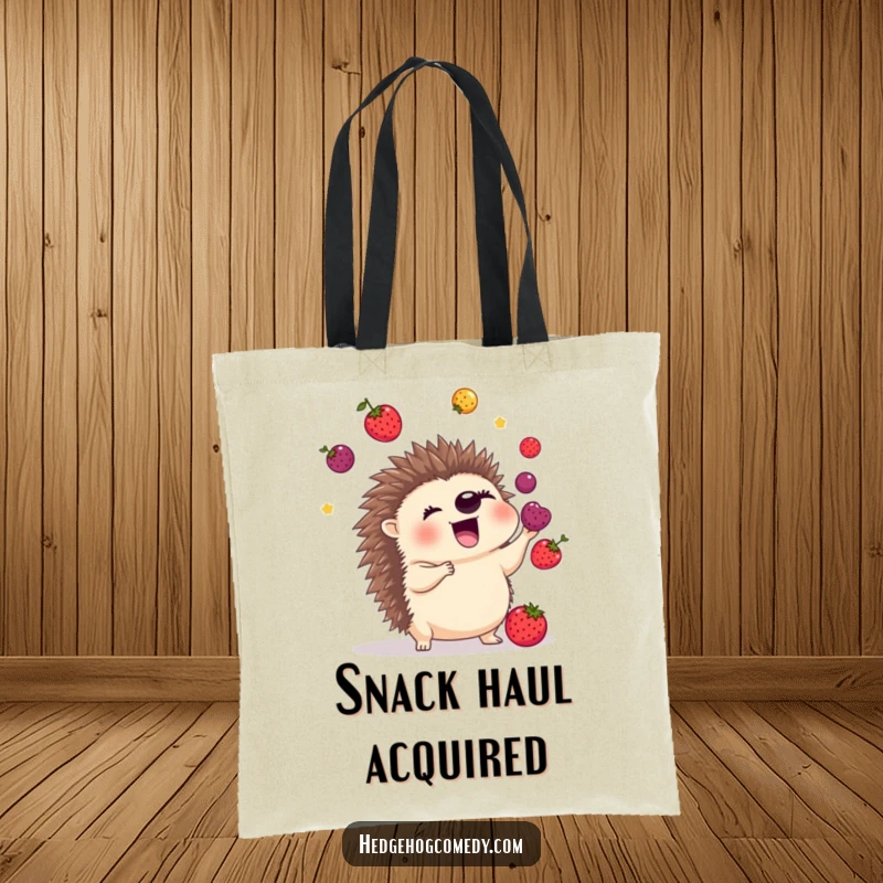 Funny tote bag with an excited hedgehog juggling colorful berries using its quills, ready to carry your items with flair.
