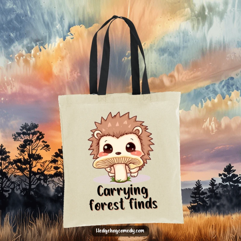 Funny Tote Bag depicting a cute Kawaii hedgehog with innocent eyes curiously sniffing a large, dewy forest mushroom.