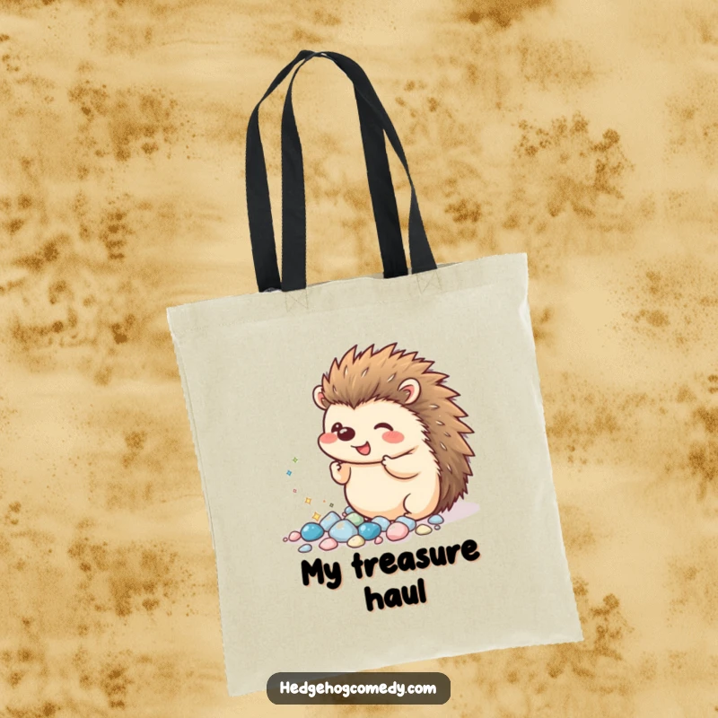 Funny Kawaii Hedgehog Tote Bag: An excited hedgehog gleefully shows off its collection of tiny, sparkling pebbles, ready for any adventure.