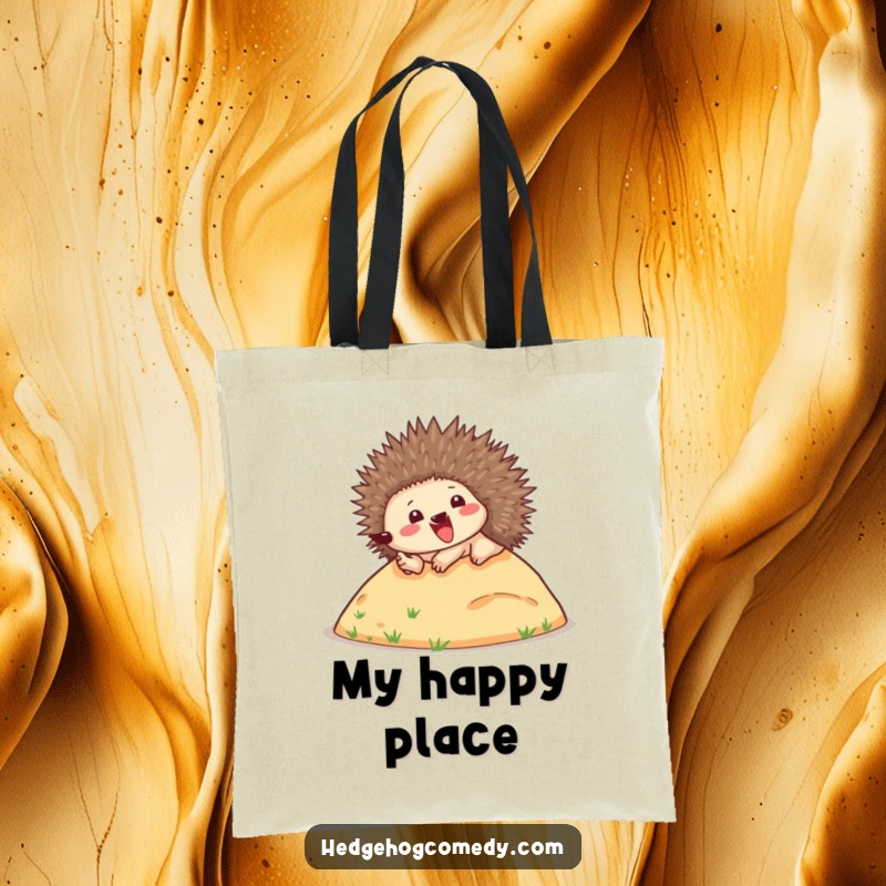 Funny tote bag depicting a happy hedgehog gleefully rolling down a hill, quills up, ready to carry your essentials with a smile.