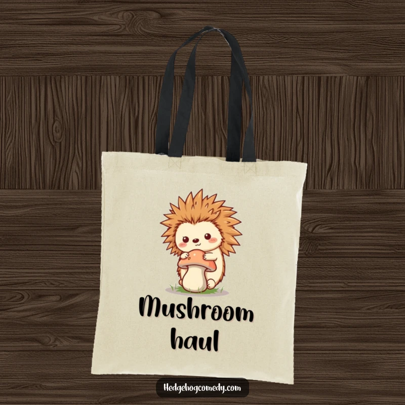 Funny Kawaii Hedgehog Tote Bag, balancing a mushroom on its quills, ideal for carrying items with whimsical and humorous woodland flair.