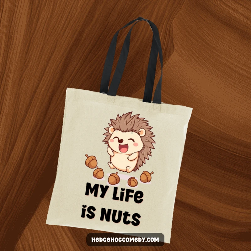 Funny cute kawaii hedgehog juggling acorns with its feet, ideal funny gift for shoppers.