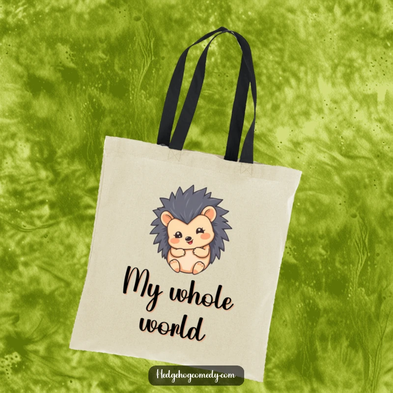 Funny tote bag showcasing an adorable hedgehog character in a cute, round, happy ball form. Humorous and practical.
